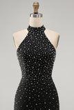 Black Bodycon Halter Pearls Beaded Short Homecoming Dress with Lace Up Back