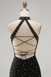 Black Bodycon Halter Pearls Beaded Short Homecoming Dress with Lace Up Back