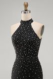 Black Bodycon Halter Pearls Beaded Short Homecoming Dress with Lace Up Back