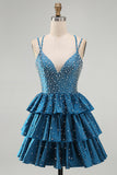 Blue A Line Pearls Tiered Ruffle Short Homecoming Dresses with Beading