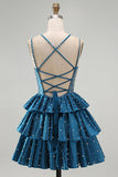 Blue A Line Pearls Tiered Ruffle Short Homecoming Dresses with Beading