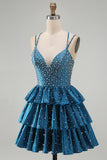 Blue A Line Pearls Tiered Ruffle Short Homecoming Dresses with Beading