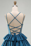 Blue A Line Pearls Tiered Ruffle Short Homecoming Dresses with Beading