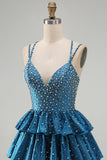 Blue A Line Pearls Tiered Ruffle Short Homecoming Dresses with Beading