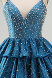Blue A Line Pearls Tiered Ruffle Short Homecoming Dresses with Beading