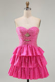 Beaded A Line Cut Out Tiered Ruffle Fuchsia Homecoming Dress with Pearls