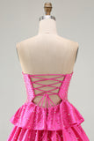 Beaded A Line Cut Out Tiered Ruffle Fuchsia Homecoming Dress with Pearls