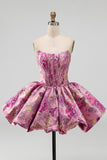 Red A-Line Floral Jacquard Corset Bubble Hem Short Homecoming Dress