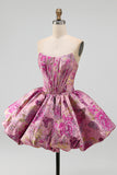 Red A-Line Floral Jacquard Corset Bubble Hem Short Homecoming Dress