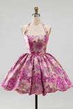 Red Flower Halter Neck Jacquard Bubble Hem Short Homecoming Dress