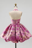 Red Flower Halter Neck Jacquard Bubble Hem Short Homecoming Dress