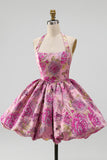 Red Flower Halter Neck Jacquard Bubble Hem Short Homecoming Dress