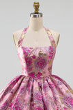 Red Flower Halter Neck Jacquard Bubble Hem Short Homecoming Dress