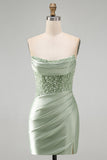 Dusty Green Sequins Ruched Satin Pearl Bodycon Short Homecoming Dress