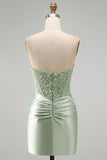 Dusty Green Sequins Ruched Satin Pearl Bodycon Short Homecoming Dress