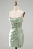 Dusty Green Sequins Ruched Satin Pearl Bodycon Short Homecoming Dress