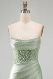 Dusty Green Sequins Ruched Satin Pearl Bodycon Short Homecoming Dress