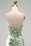Dusty Green Sequins Ruched Satin Pearl Bodycon Short Homecoming Dress