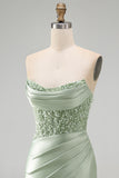 Dusty Green Sequins Ruched Satin Pearl Bodycon Short Homecoming Dress