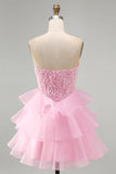 Sparkly Pink A-Line Sequins Pearl Ruffle Tiered Short Homecoming Dress