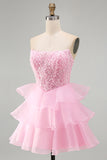 Sparkly Pink A-Line Sequins Pearl Ruffle Tiered Short Homecoming Dress