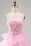 Sparkly Pink A-Line Sequins Pearl Ruffle Tiered Short Homecoming Dress