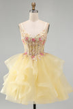Yellow A-Line Corset Beaded Pearls V-Neck Ruffle Homecoming Dress