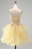 Yellow A-Line Corset Beaded Pearls V-Neck Ruffle Homecoming Dress