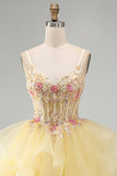 Yellow A-Line Corset Beaded Pearls V-Neck Ruffle Homecoming Dress