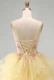 Yellow A-Line Corset Beaded Pearls V-Neck Ruffle Homecoming Dress