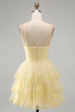 Sparkly Yellow A-Line Cut Out Tiered Ruffle Pearls Short Homecoming Dress