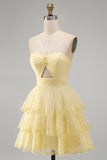 Sparkly Yellow A-Line Cut Out Tiered Ruffle Pearls Short Homecoming Dress