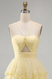 Sparkly Yellow A-Line Cut Out Tiered Ruffle Pearls Short Homecoming Dress