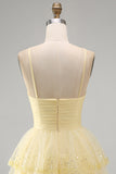 Sparkly Yellow A-Line Cut Out Tiered Ruffle Pearls Short Homecoming Dress