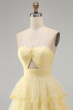 Sparkly Yellow A-Line Cut Out Tiered Ruffle Pearls Short Homecoming Dress