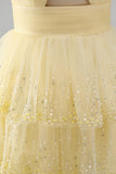 Sparkly Yellow A-Line Cut Out Tiered Ruffle Pearls Short Homecoming Dress