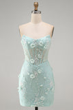Strapless Tight Lace Pearls Sheer 3D Floral Corset Short Homecoming Dress