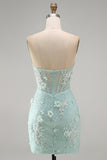 Strapless Tight Lace Pearls Sheer 3D Floral Corset Short Homecoming Dress
