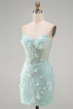Strapless Tight Lace Pearls Sheer 3D Floral Corset Short Homecoming Dress