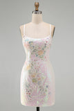 Sparkly Pink Bodycon Sequins Floral Short Homecoming Dress with Beading