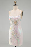 Sparkly Pink Bodycon Sequins Floral Short Homecoming Dress with Beading