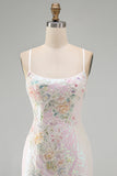 Sparkly Pink Bodycon Sequins Floral Short Homecoming Dress with Beading