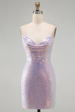 Sparkly Lilac Bodycon Cowl Neck Sequins Short Homecoming Dress