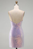 Sparkly Lilac Bodycon Cowl Neck Sequins Short Homecoming Dress