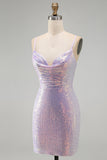 Sparkly Lilac Bodycon Cowl Neck Sequins Short Homecoming Dress