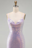 Sparkly Lilac Bodycon Cowl Neck Sequins Short Homecoming Dress