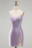 Lilac Backless Short Beaded Tight Homecoming Dress with Criss-Cross Slit