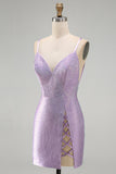 Lilac Backless Short Beaded Tight Homecoming Dress with Criss-Cross Slit