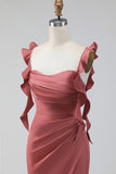 Terracotta Ruffled Straps Ruched Sheath Long Wedding Guest Dress with Slit