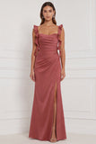 Terracotta Ruffled Straps Ruched Sheath Long Wedding Guest Dress with Slit